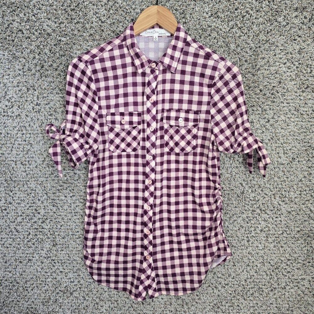 Eden & Olivia Maternity Top Womens Small Purple Check Button Up Stretch Casual